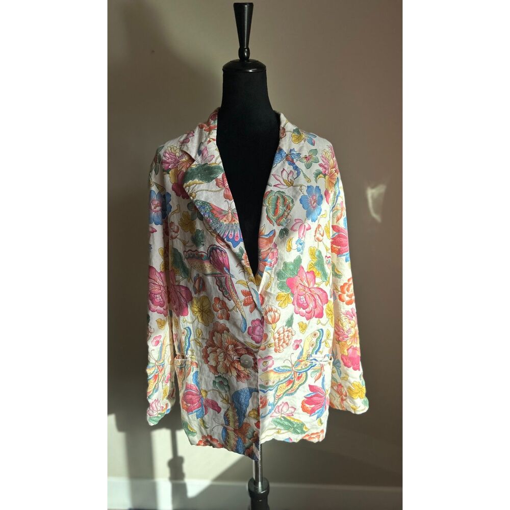PERRY ELLIS Floral Print Linen Single Breasted Long Line Blazer Size 6